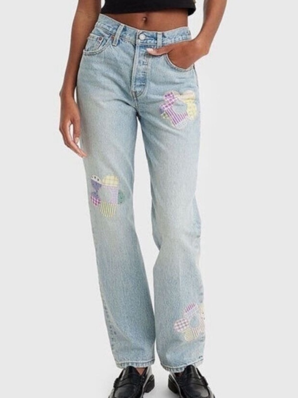 Levi's 150th Anniversary Light Blue Straight-Leg Jeans with Pastel Patch Hearts